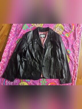 Vintage Maxima Black Leather Button-Front Jacket with Pink Lining